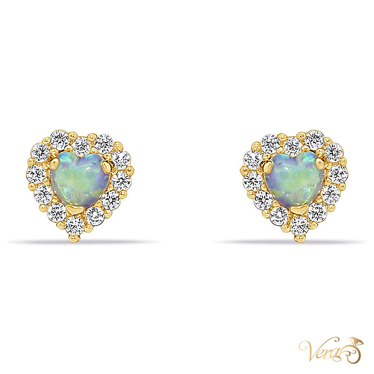 14K Yellow Gold Heart Stud Earrings with Opal & Cubic Zirconia, 6mm - alternate view
