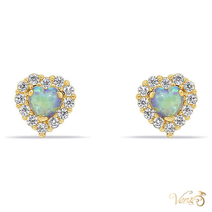 14K Yellow Gold Heart Stud Earrings with Opal & Cubic Zirconia, 6mm - alternate view