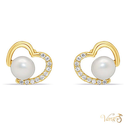 14K Yellow Gold Heart Stud Earrings with Pearl & Cubic Zirconia, 8.5mm - alternate view