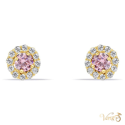 14K Yellow Gold Round Stud Earrings with Pink Cubic Zirconia, 5mm - alternate view