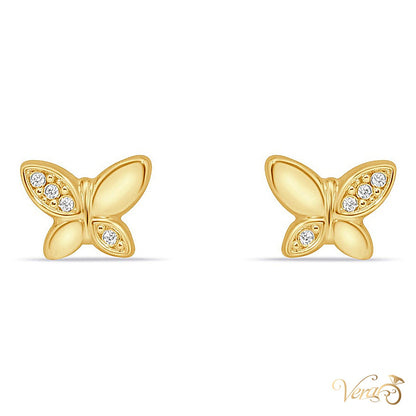 14K Yellow Gold Butterfly Stud Earrings with Cubic Zirconia, 6mm - alternate view