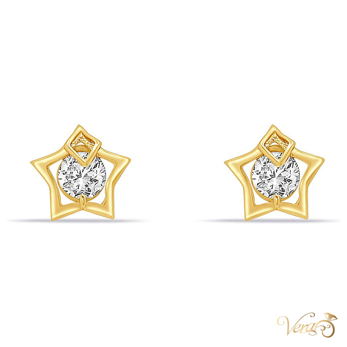 14K Yellow Gold Star Stud Earrings with Cubic Zirconia, 8mm - alternate view