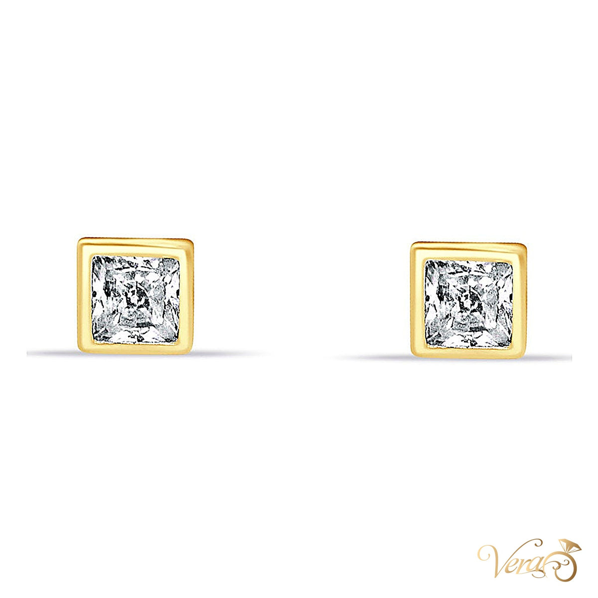 14K Yellow Gold Princess Cut Solitaire Stud Earrings with Cubic Zirconia, 5mm - alternate view