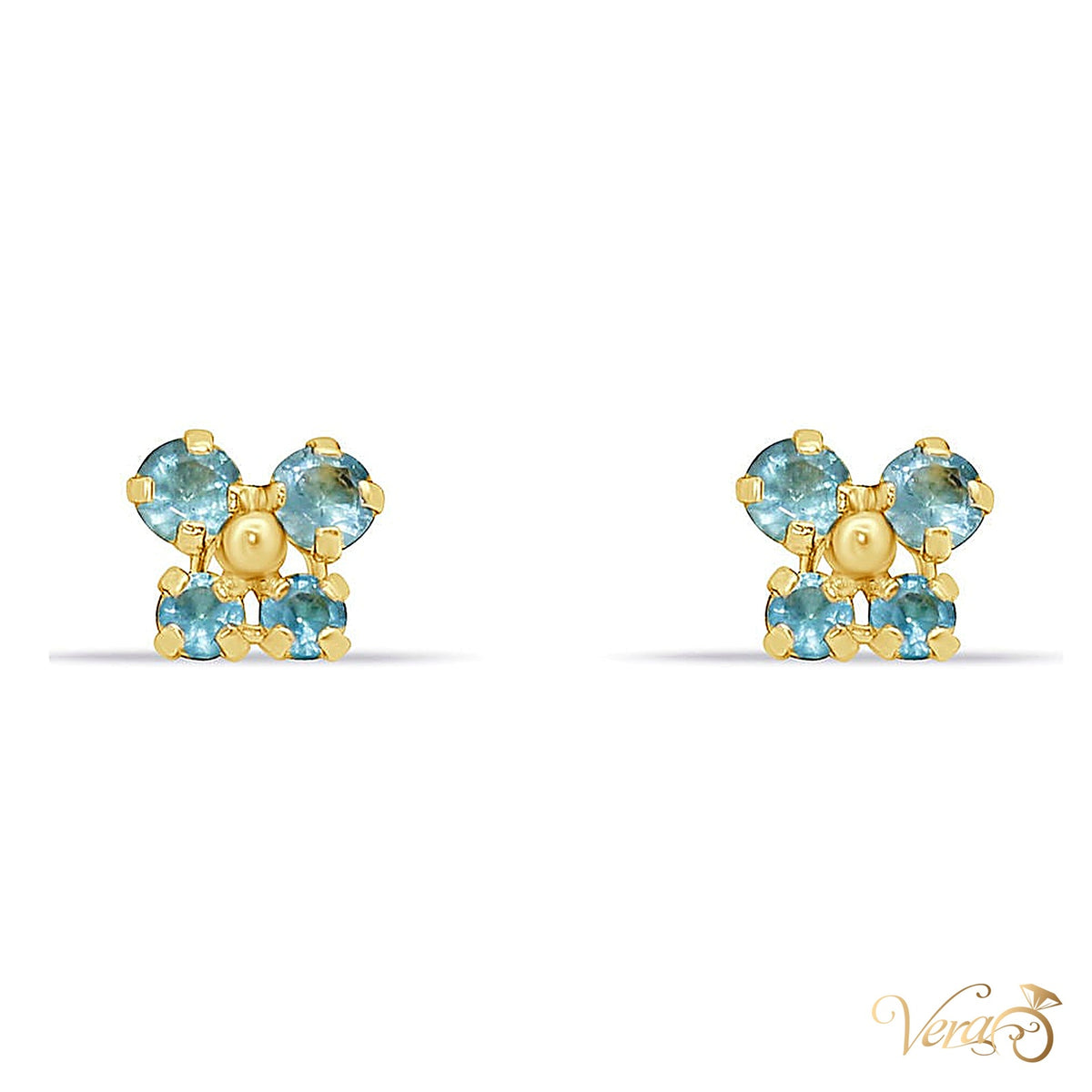 14K Yellow Gold Butterfly Stud Earrings with Light Blue Cubic Zirconia, 5mm - alternate view