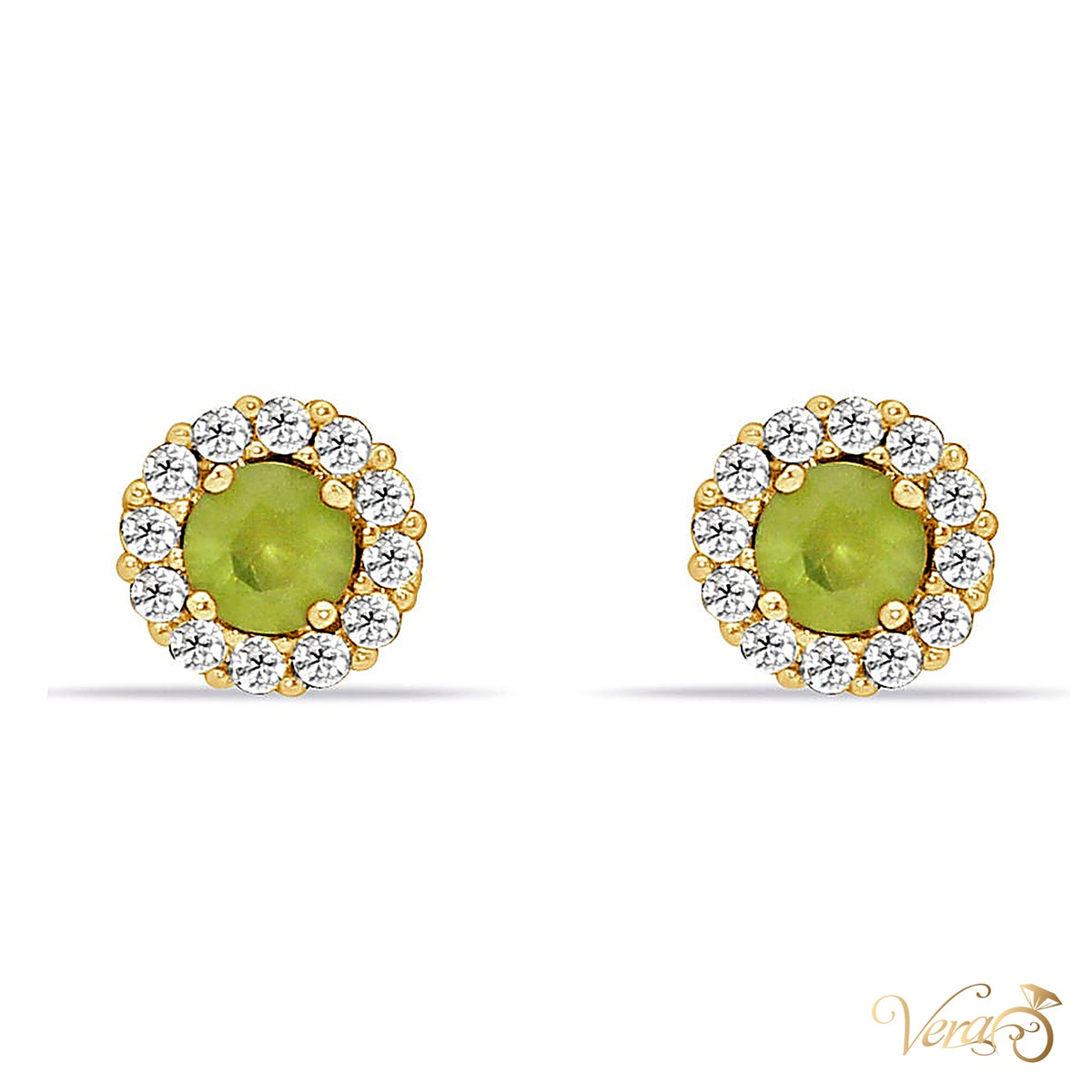 14K Yellow Gold Round Stud Earrings with Green & White Cubic Zirconia, 5.5mm - alternate view