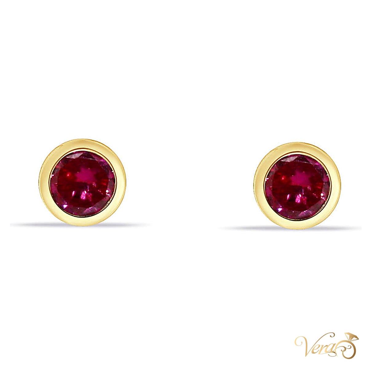 14K Yellow Gold Solitaire Stud Earrings with Red Cubic Zirconia, 4.6mm - alternate view