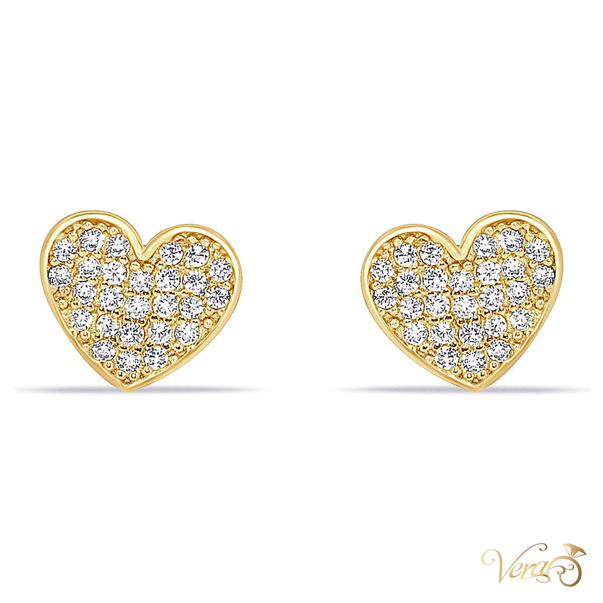 14K Yellow Gold Heart Stud Earrings with Cubic Zirconia, 7mm - alternate view