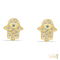14K Yellow Gold Hamsa Hand Stud Earrings with Cubic Zirconia, 8mm