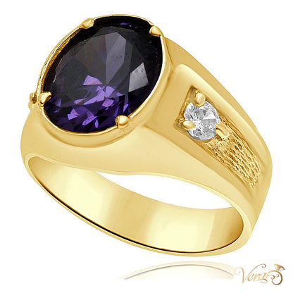 10K Yellow Gold Men’s Ring with Oval Purple CZ Center Stone, Size 8.5, 6.4g - alternate view