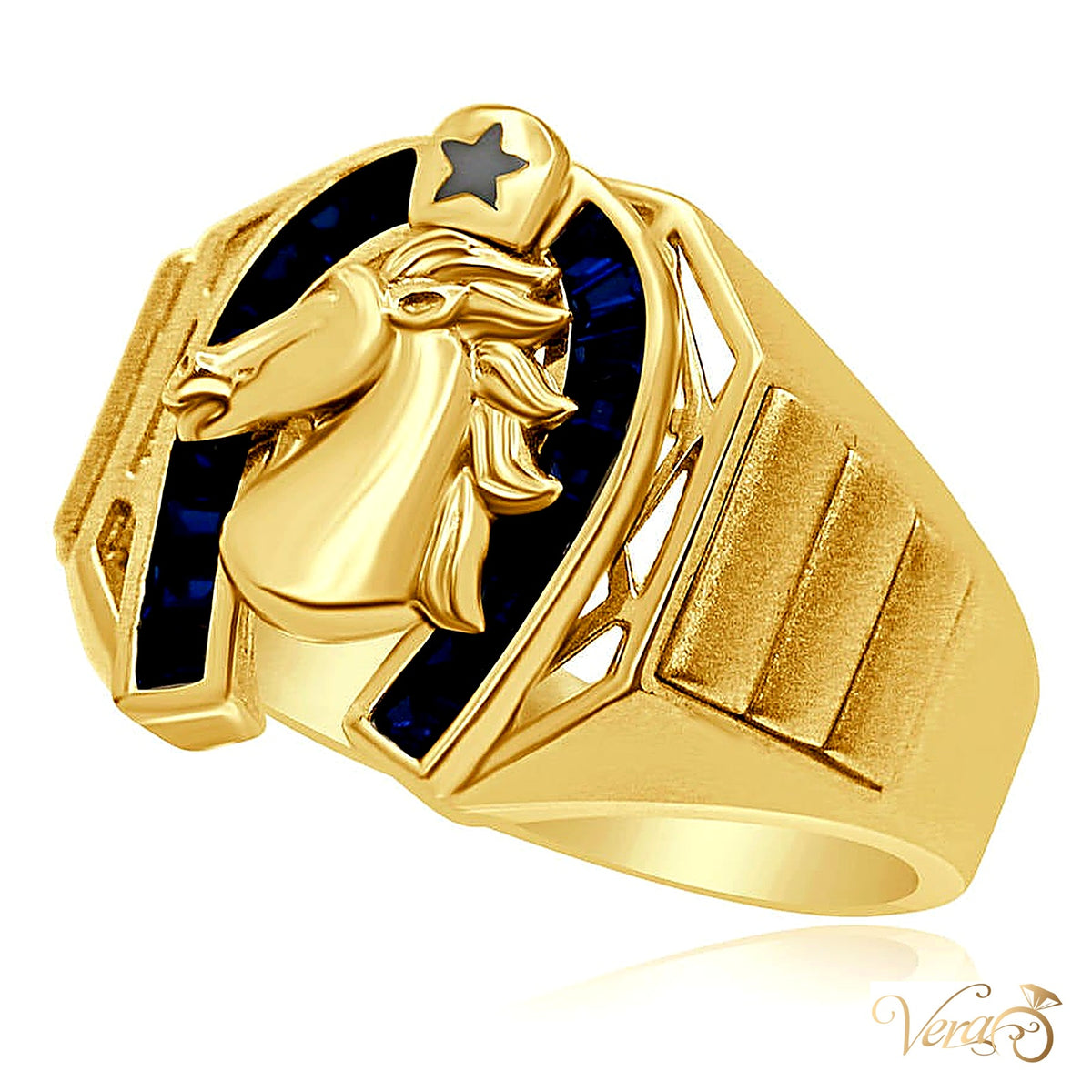 14K Yellow Gold Horseshoe Ring with Blue Cubic Zirconia Baguettes, Size 11 - alternate view
