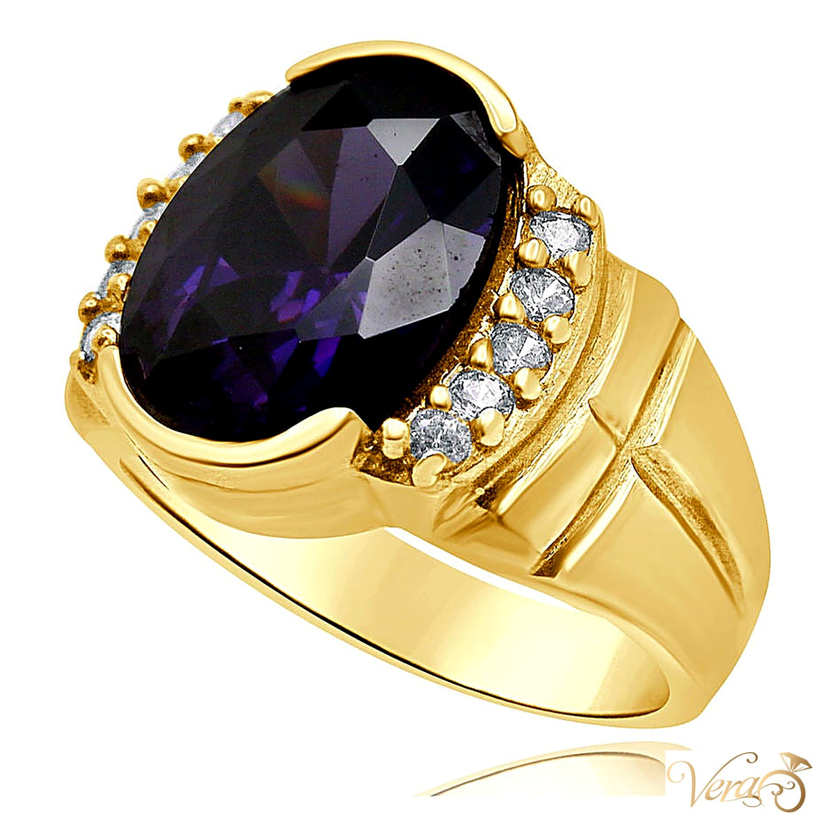 10K Yellow Gold Men’s Ring with Purple Cubic Zirconia Center Stone, Size 10 - alternate view