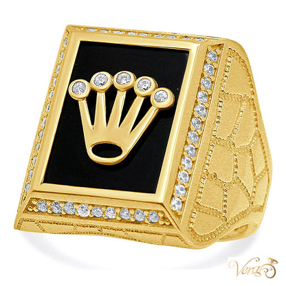 14K Yellow Gold Men’s Ring with Onyx and Rolex-Style Emblem, Size 10 - alternate view