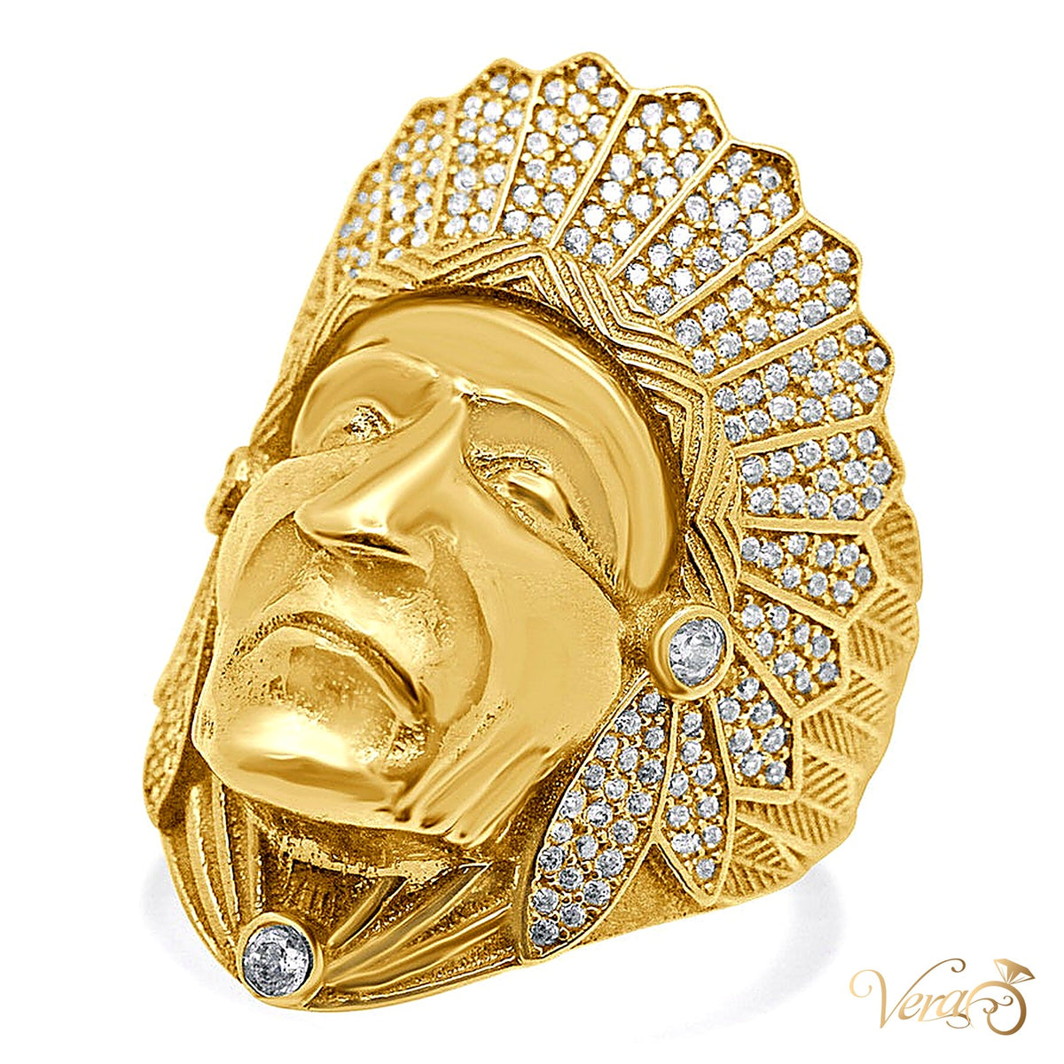 14K Yellow Gold Men’s Indian Head Ring with CZ Accents, Size 11, 10.7g - alternate view