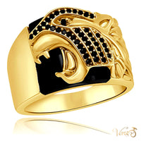 10K Yellow Gold Men’s Jaguar Head Ring over Onyx with Stone Accents, Size 11.5