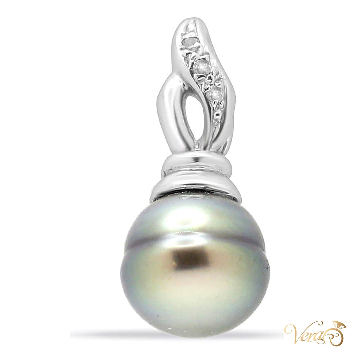 14K White Gold Pearl & Diamond Pendant – 21mm - alternate view