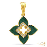 10K Yellow Gold Floral Pendant with CZ & Malachite – 28mm