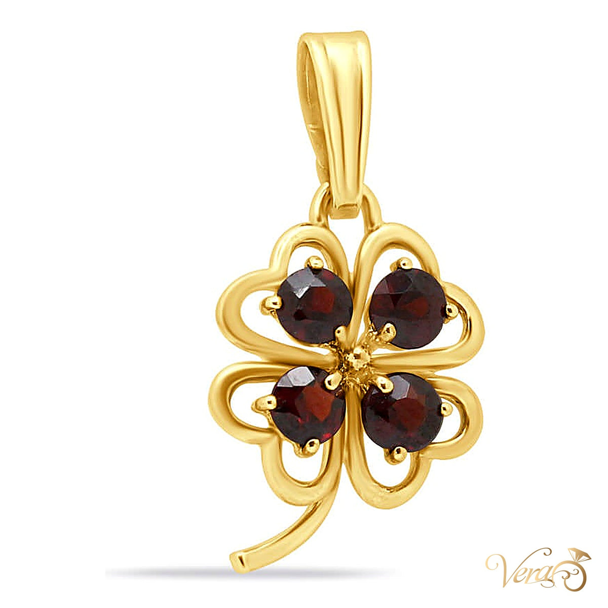 18K Yellow Gold Clover Pendant with Garnet – 27mm - alternate view