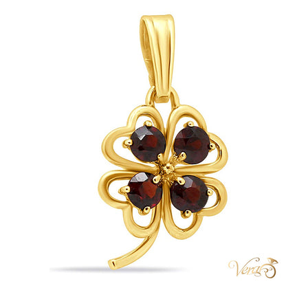 18K Yellow Gold Clover Pendant with Garnet – 27mm - alternate view