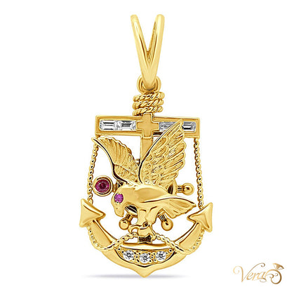 14K Yellow Gold Anchor Pendant with Eagle & Ship Wheel – 37mm - alternate view