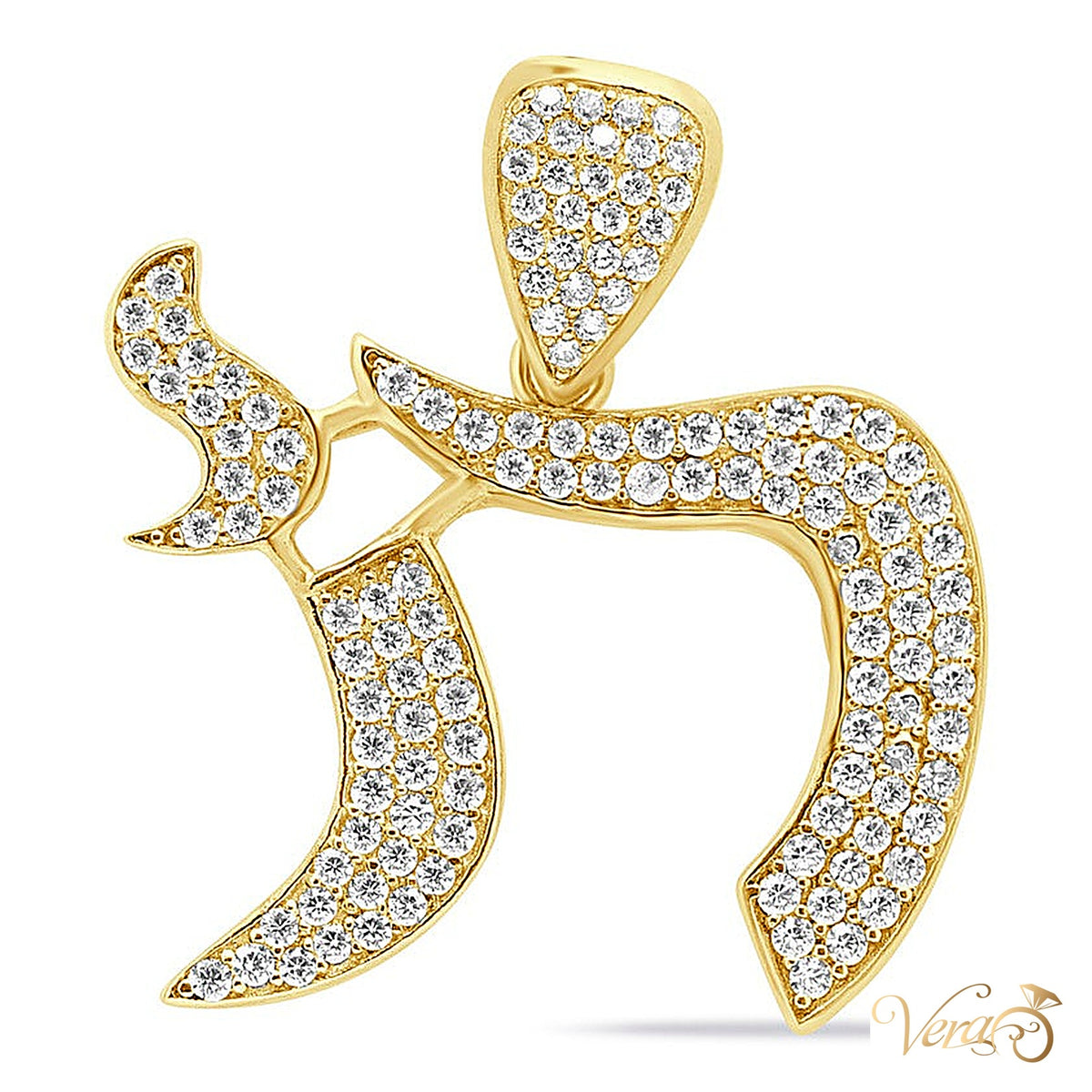 10K Yellow Gold Chai Pendant with CZ – 30mm - alternate view