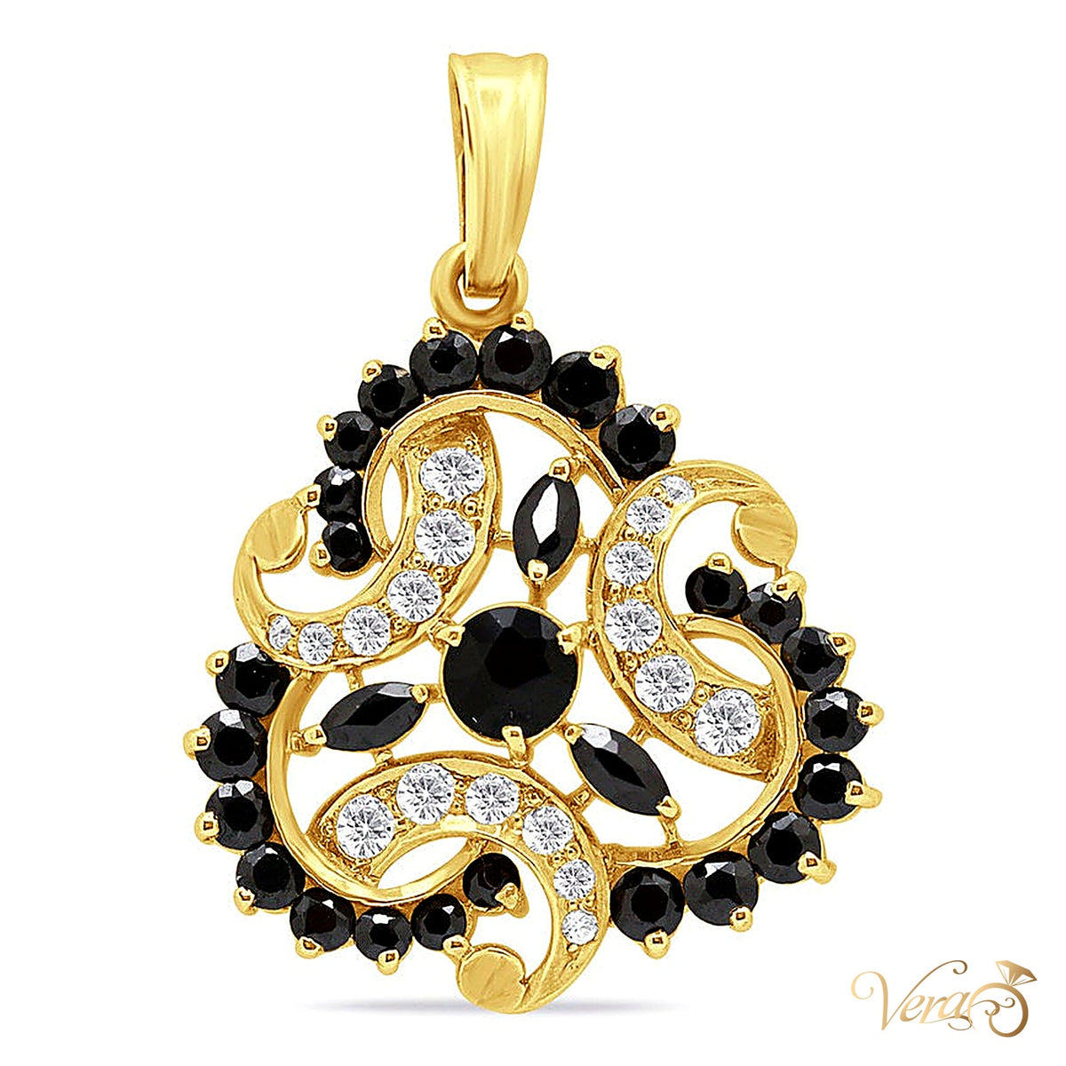 14K Yellow Gold Floral Pendant with Sapphires & CZ - alternate view